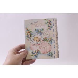 New Baby in Pink Crib, Greeting Card, USED, Paper, Craft, ~ 251120-WH 1402